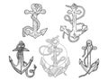 Anchor and rope set line art sketch vector Royalty Free Stock Photo