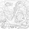 Anchor on the seabed with fish and treasure.Coloring book antistress for children and adults.