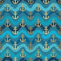 Anchor seamless pattern. Anchors texture. Symbol boat or ship on blue green background. Repeated sailing patern. Marine design for