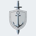 Anchor, shield and sword. Element for logo, symbol, tattoo. Sleek style. Vector.