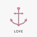 Anchor thin line icon in shapes of heart. Nautical sign symbol. Ship anchor. Pink color. Love greeteng card. Isolated White