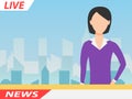 Anchor TV presenters woman. Online breaking news concept vector illustration. Flat design of broadcasting on city background.