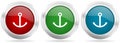 Anchor vector icon set. Red, blue and green silver metallic web buttons with chrome border