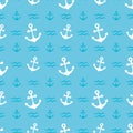 Anchor and waves on a blue background. Seamless background.