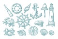 Anchor, wheel, bollard, hat, compass rose, shell, crab, lighthouse engraving Royalty Free Stock Photo