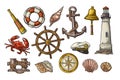 Anchor, wheel, bollard, hat, compass rose, shell, crab, lighthouse engraving Royalty Free Stock Photo