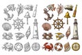 Anchor, wheel, bollard, hat, compass rose, shell, crab, lighthouse engraving Royalty Free Stock Photo