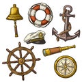 Anchor, wheel, sailing ship, compass rose, spyglass, lighthouse engraving Royalty Free Stock Photo