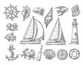 Anchor, wheel, sailing ship, compass rose, spyglass, lighthouse engraving Royalty Free Stock Photo