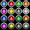 Anchor white icons in round glossy buttons on black background