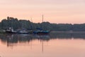 Anchorage of yachts on the lake at dawn