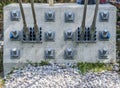 Anchorages and dowels in the rock for fixing the steel cables of a suspension bridge Royalty Free Stock Photo