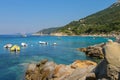 Anchored boats in waters of Tyrrhenian Sea, Sant Andreas on Elba Royalty Free Stock Photo