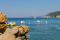 Anchored boats in waters of Tyrrhenian Sea, Sant Andreas on Elba Royalty Free Stock Photo