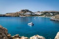 Anchored in Lindos Rhodes Royalty Free Stock Photo