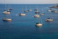 Anchored sailboats off the coast of Kastos island, Ionian sea, Greece in summer. Royalty Free Stock Photo