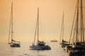 Anchored sailboats at sunset in Adriatic sea Royalty Free Stock Photo