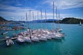 Anchored yachts captured at a beautiful blue seascape in Nidri Lefkada