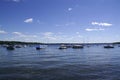 Anchored yachts in the clear blue lake