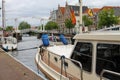Anchored yachts near the drawbridge in Haarlem, the Netherlands