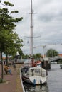 Anchored yachts near the drawbridge in Haarlem, the Netherlands