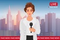 Anchorman pretty woman on city background. Media tv broadcast news. Fake Breaking News concept vector illustration. Royalty Free Stock Photo