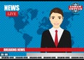 Anchorman on tv broadcast news. Breaking News vector illustration.