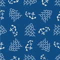 Anchors and abstract waves vector seamless pattern background. Scribbled wavy lines and boat tools blue white backdrop Royalty Free Stock Photo