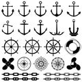 Anchors, rudders, chain, rope, knot vector icons. Nautical elements for marine design