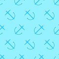 Anchors seamless pattern. Flat icon nautical elements in blue color with white outline. Sea background. Modern design for print on