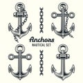 Anchors set of nautical vector objects or design elements in vintage monochrome style isolated on light background Royalty Free Stock Photo