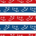 Anchors and stripes seamless vector pattern background. Hand drawn sailing objects geometric blue white, red backdrop Royalty Free Stock Photo