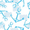 Anchors and waves. Seamless vector pattern. Royalty Free Stock Photo