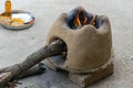 Anciant mud stove and wood fire cooking Royalty Free Stock Photo