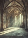 Ancient abbey with atmospheric light filtering through arched windows, serene and contemplative environment