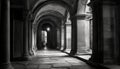 Ancient abbey corridor with gothic arches and monochrome architecture generated by AI