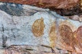 Ancient Aboriginal Art: hand prints, animal herds, spiral, Kakadu National Park, Australia Royalty Free Stock Photo