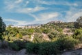 Ancient Agora of Athens archaeological site panoramic view.Stoa of Attalus left, Acropolis rock right