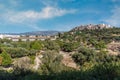 Ancient Agora of Athens archaeological site panoramic view. Stoa of Attalus left, Acropolis rock right