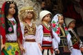 Ancient Albanian dolls toys in traditional costumes. Albania, souvenir shop, market, culture.