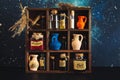 Ancient alchemical laboratory with various flasks Royalty Free Stock Photo