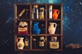 Ancient alchemical laboratory with various flasks Royalty Free Stock Photo