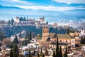 Ancient Alhambra and Sierra Nevada mountain view, UNESCO world heritage site in Granada