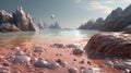 Ancient alien landscape with bubbles in pink muddy water. Generative AI Royalty Free Stock Photo