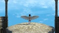 Ancient altar on which stands a girl with angelic wings Royalty Free Stock Photo