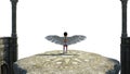 Ancient altar on which stands a girl with angelic wings of feathers Royalty Free Stock Photo