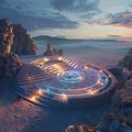 Ancient amphitheater in a desert, hosting a ceramics workshop, bioluminescence-themed, during a multiverse cyclone event