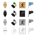 Ancient amphora, a branch of olives, a picture of a Greek athlete, a national flag. Greece set collection icons in Royalty Free Stock Photo