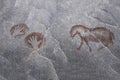 Ancient animal, human hands on the wall of the cave. Royalty Free Stock Photo