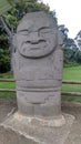 An ancient anthropo-zoomorphic sculpture with felie features at Colombian San Agustin archaeological park.